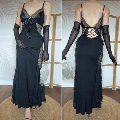 Dusk black stretch lace evening dress UK 12