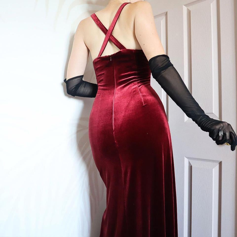 Red velvet stretch Kaliko evening dress UK 8-10