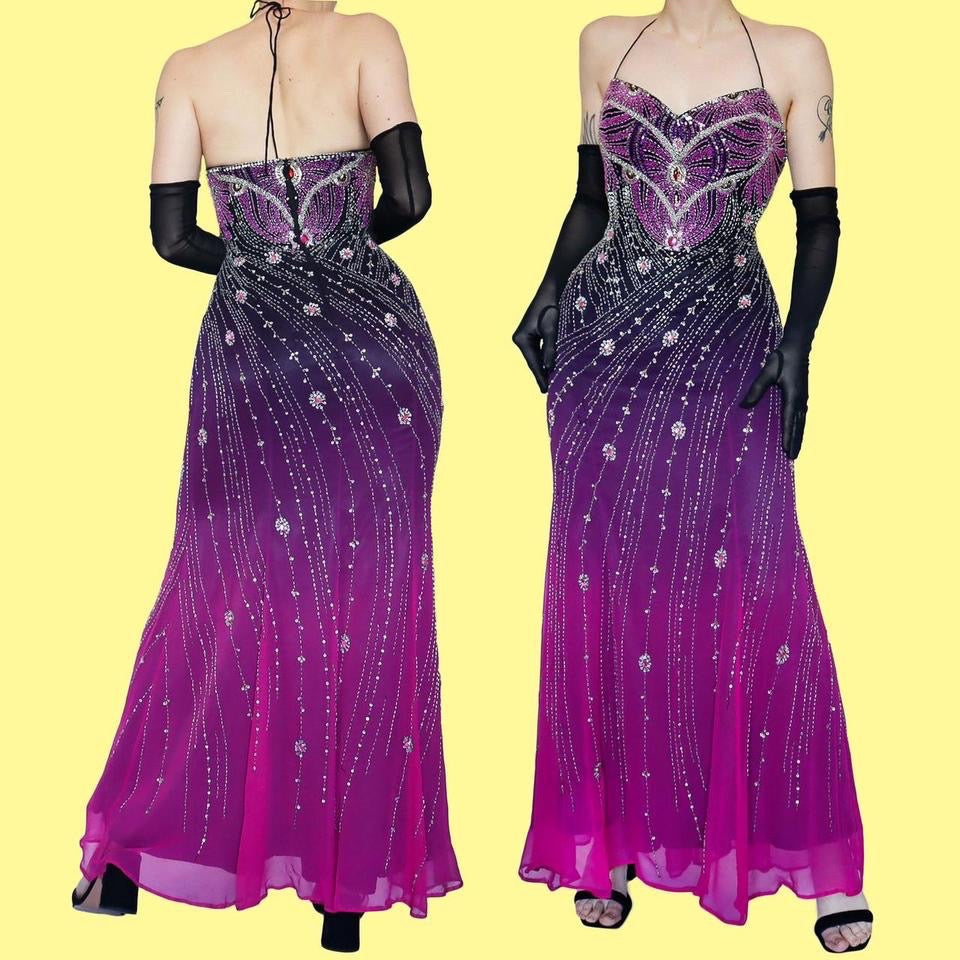 100% silk YVE London beaded evening dress UK 14