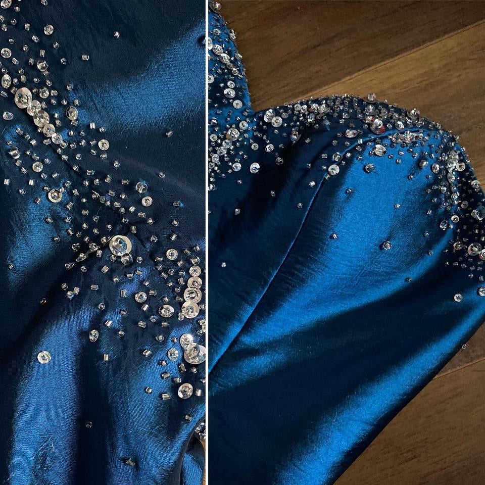 Shimmery blue strapless fishtail prom dress uk 8