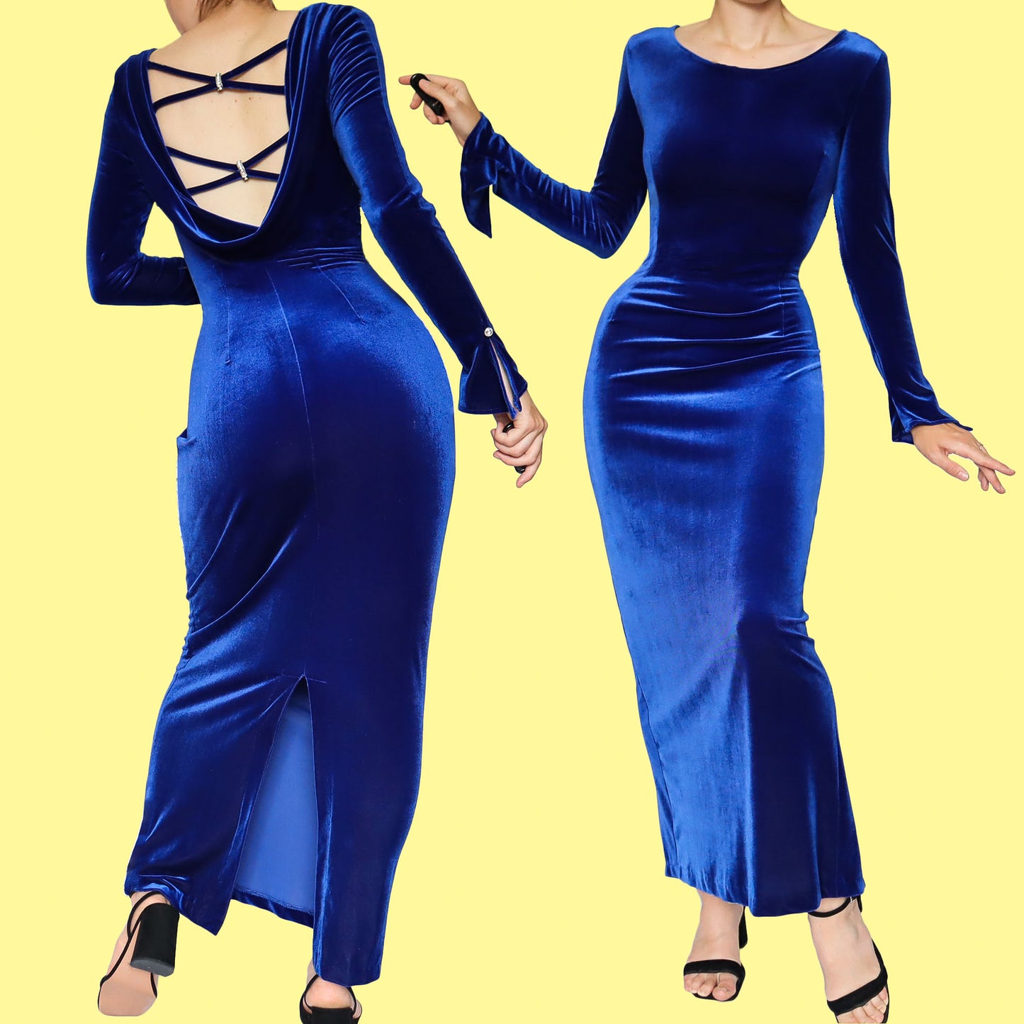 Electric blue velvet long sleeve evening dress UK 12