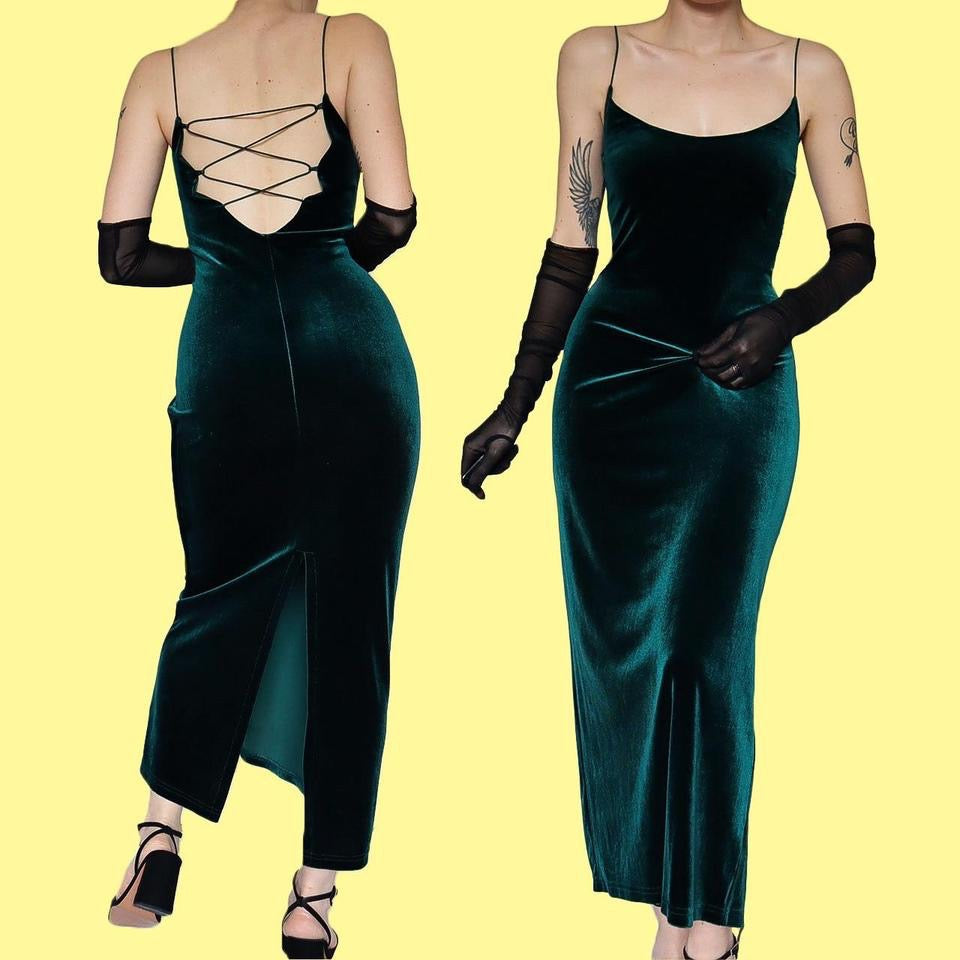 Green Velvet Stretch Lace Up Back Dress UK 12