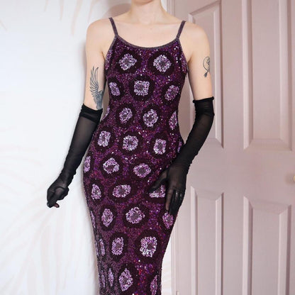Purple Aftershock sequin 100% silk evening gown & shawl UK 10