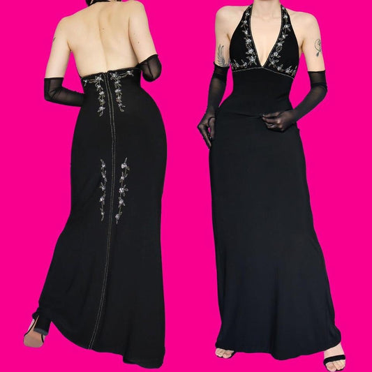 Black stretch beaded halter neck evening dress UK 12