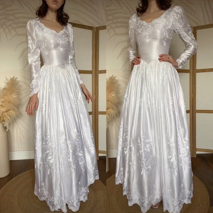 Bright white satin embroidered long sleeve wedding dress uk 8