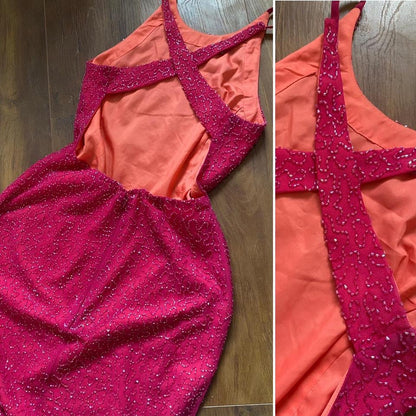 Fuchsia pink Marina beaded open back evening dress uk 10