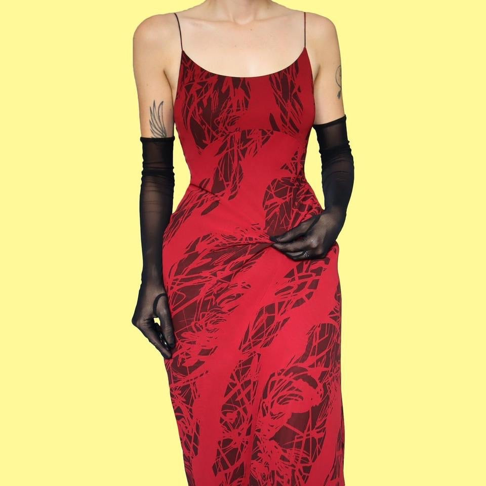 Red After Six print evening dress UK 12