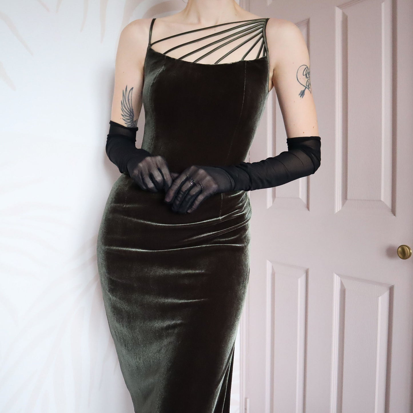 Green velvet stretch evening dress UK 10