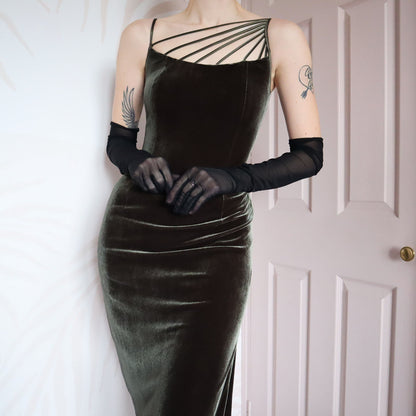 Green velvet stretch evening dress UK 10