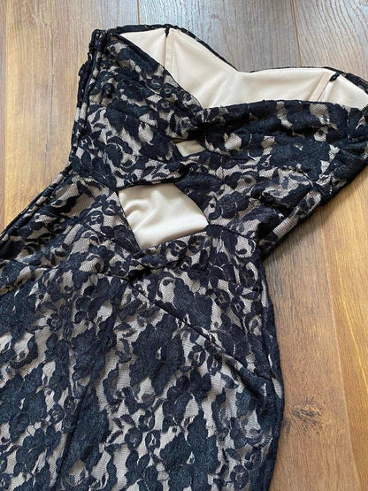 Black lace strapless stretchy evening dress uk 10