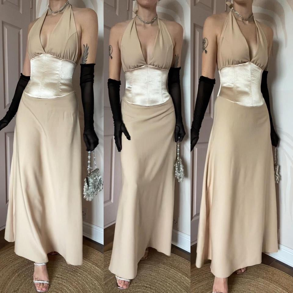 Designer Dawn Stretton 90s cream halter neck dress UK 10