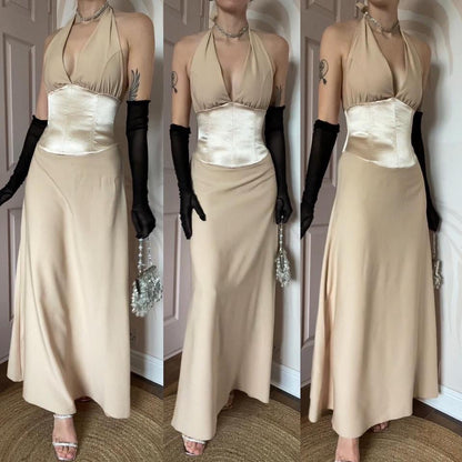 Designer Dawn Stretton 90s cream halter neck dress UK 10