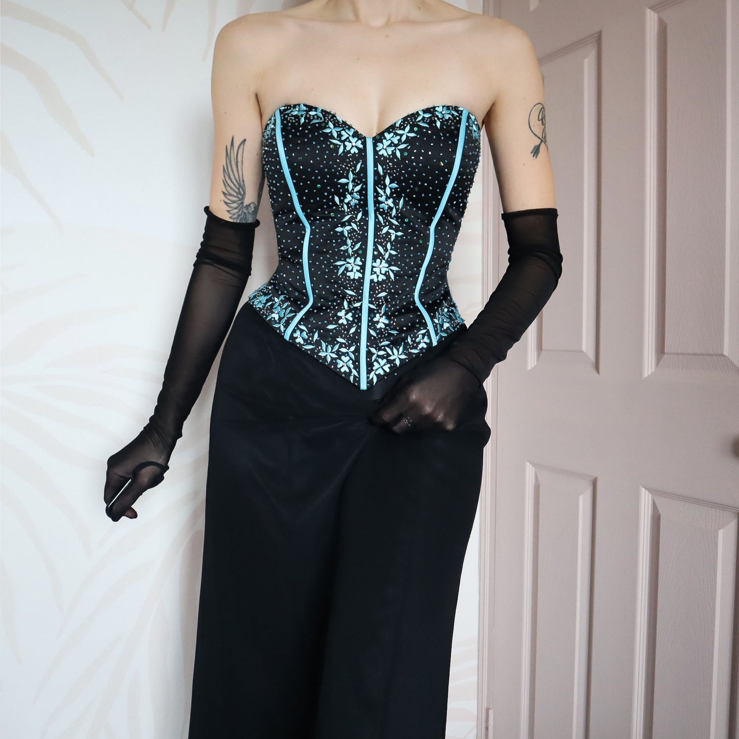 Black & blue corset silk evening gown UK 12