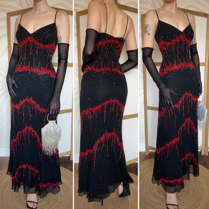 Black & red 100% silk beaded evening dress UK 14