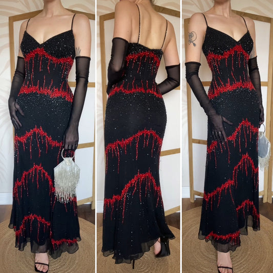 Black & red 100% silk beaded evening dress UK 14