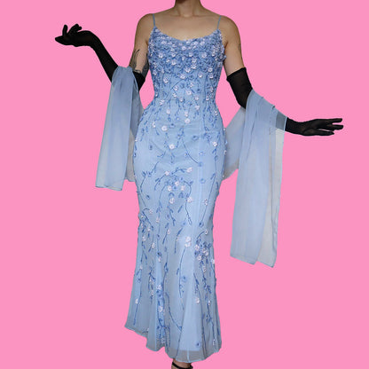100% silk blue floral beaded evening gown & shawl UK 10