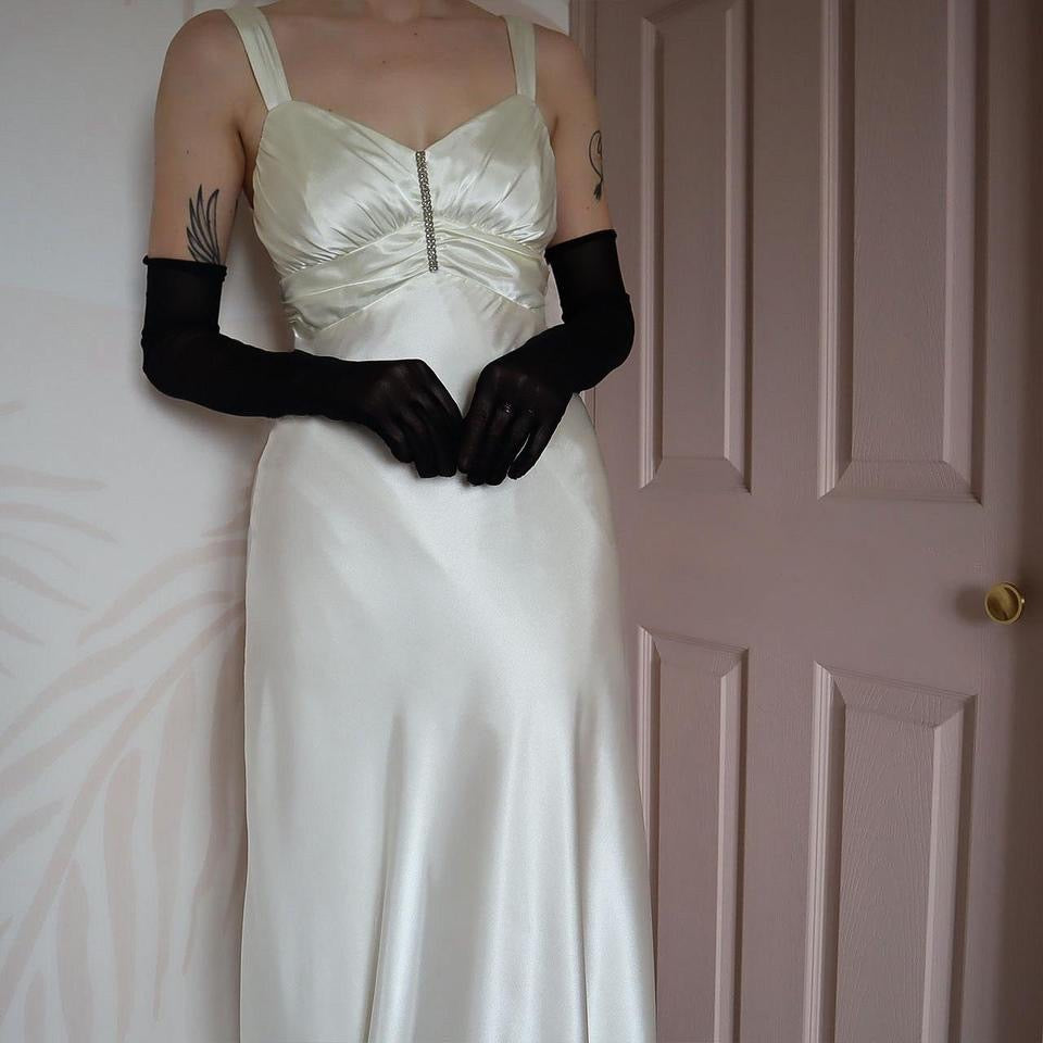 White satin Zum Zum diamanté evening gown UK 10