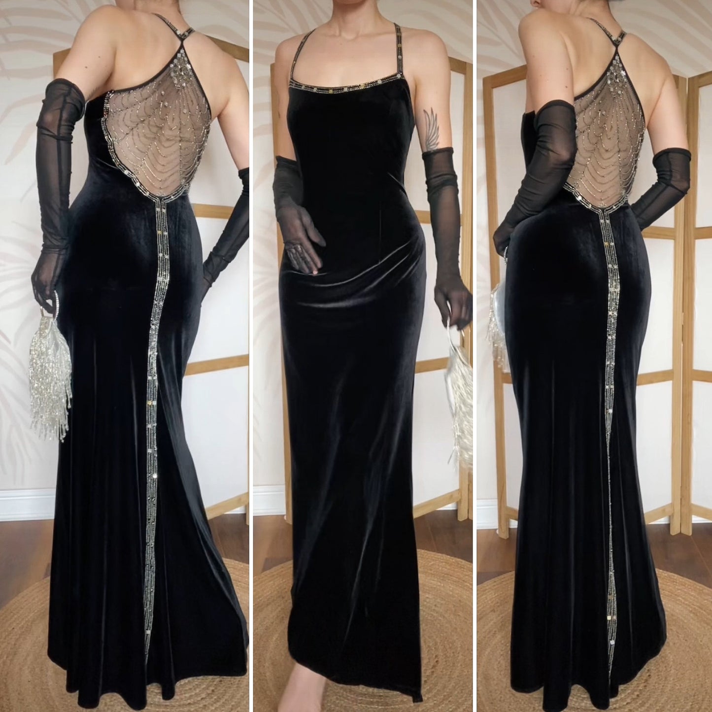 Black velvet beaded 90s evening dress uk 14