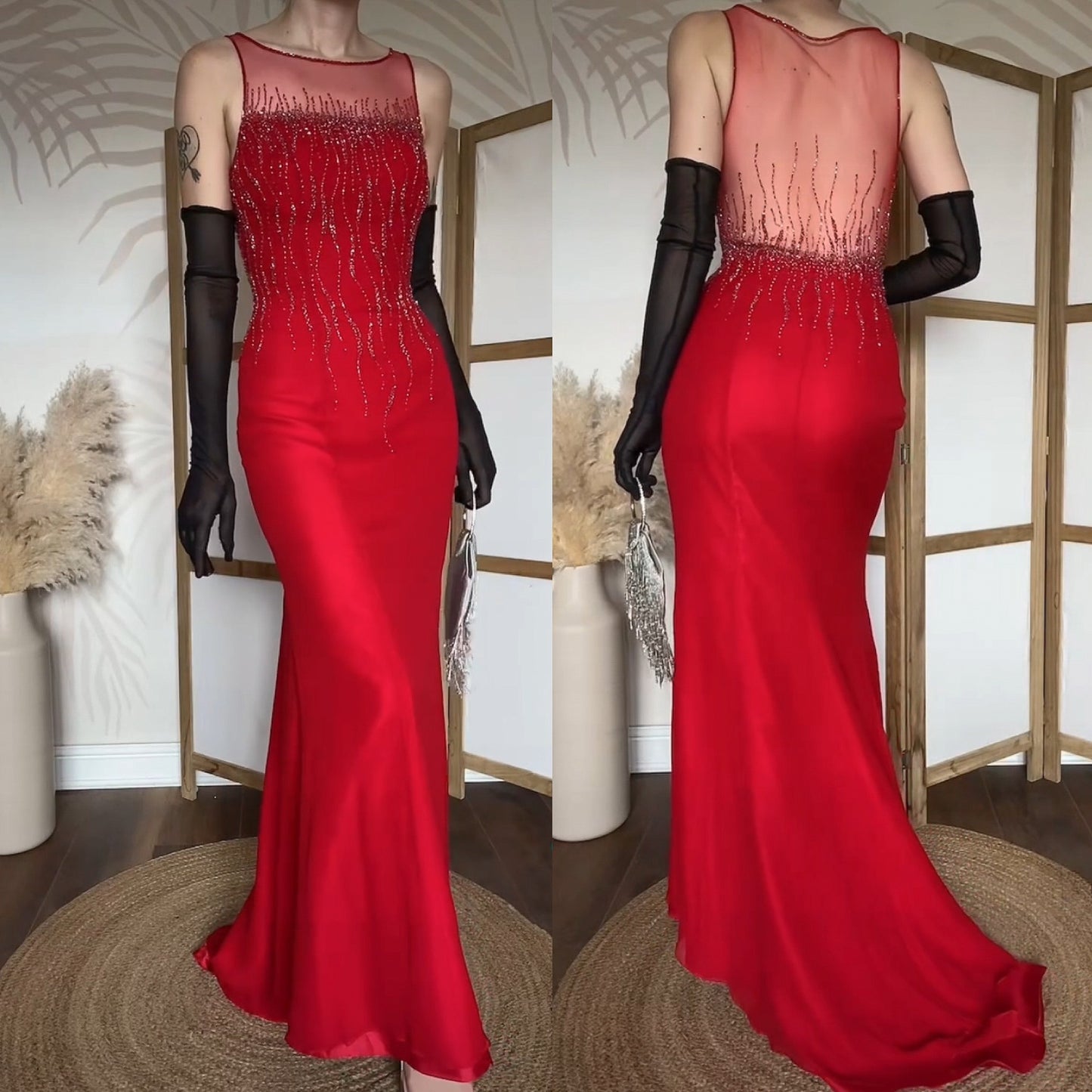 Red 100% silk red beaded evening dress uk 10