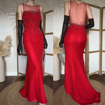 Red 100% silk red beaded evening dress uk 10