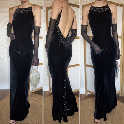 Dave & Johnny black low back velvet evening dress UK 14
