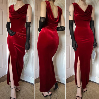 Red velvet stretch evening dress UK 14
