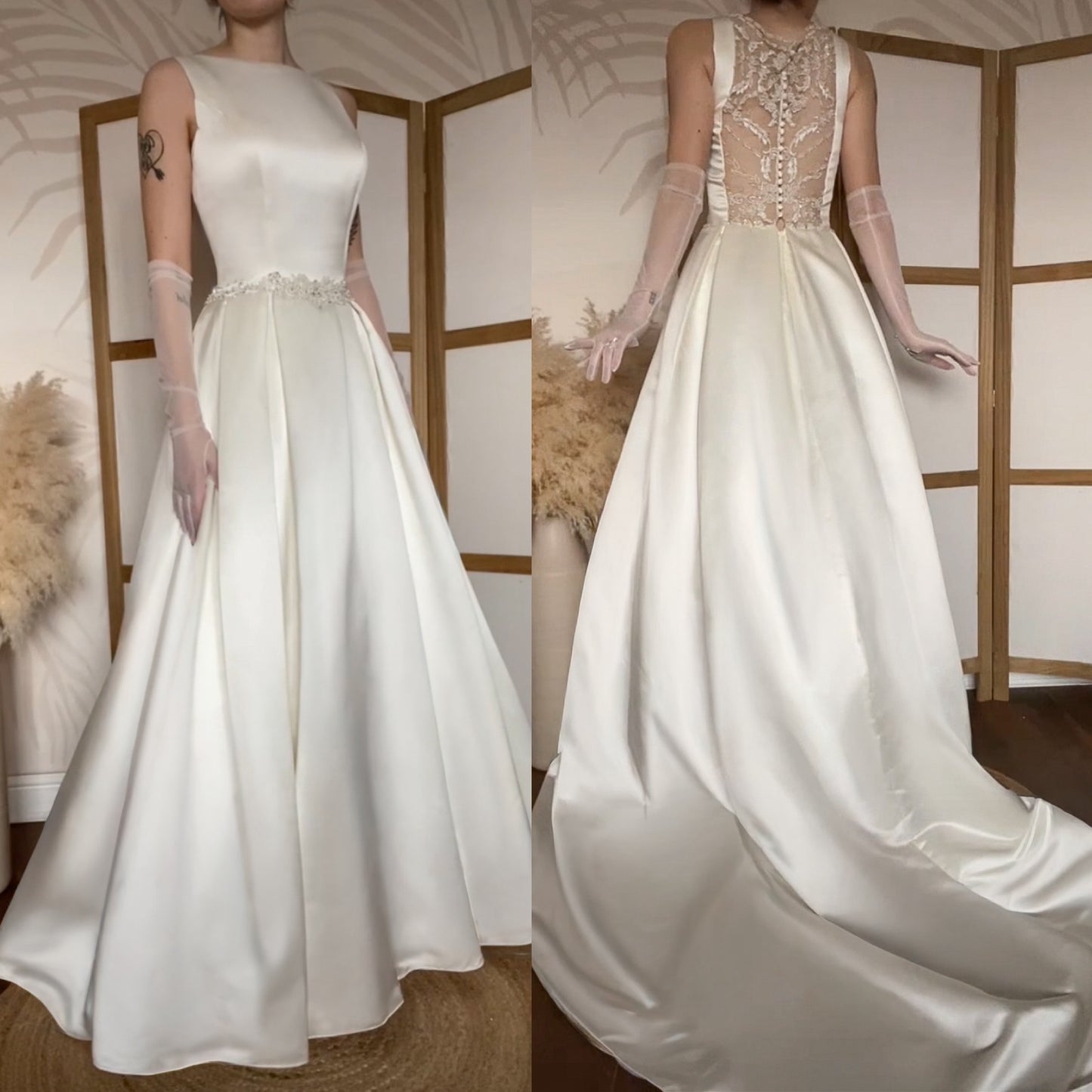 Hilary Morgan ivory satin fit & flare wedding dress uk 14