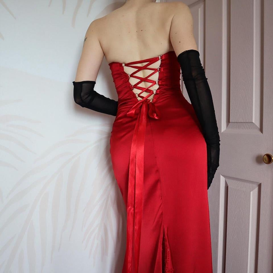 Red strapless lace up back evening gown UK 10