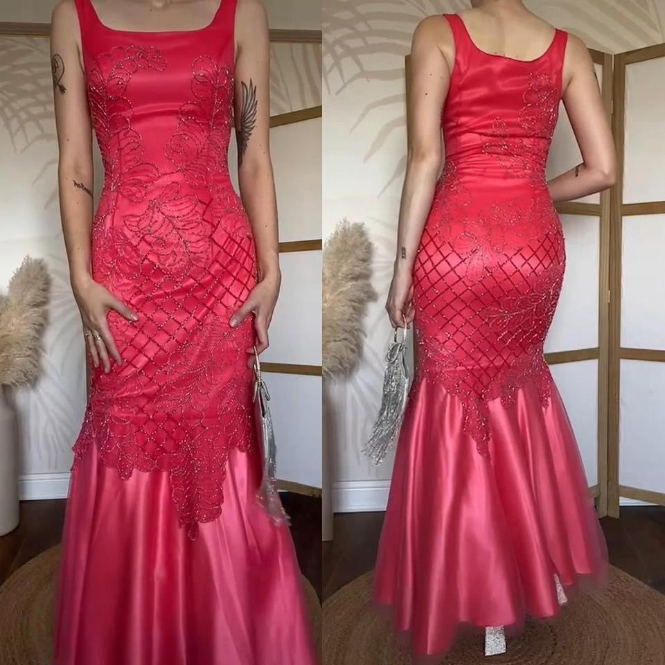 Yve London silk coral beaded fishtail  prom dress uk 10