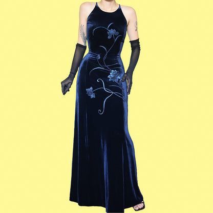 Vintage Gina Bacconi Blue Velvet evening Gown UK 14