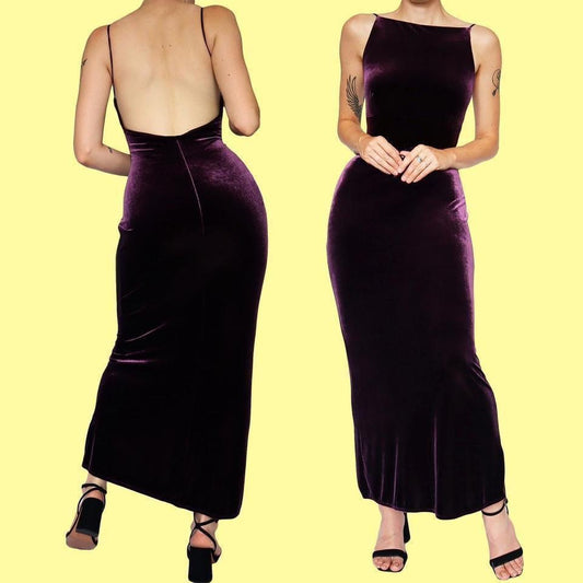 Purple Principles Velvet Stretch Low Back Evening Dress UK Size 10 & 14
