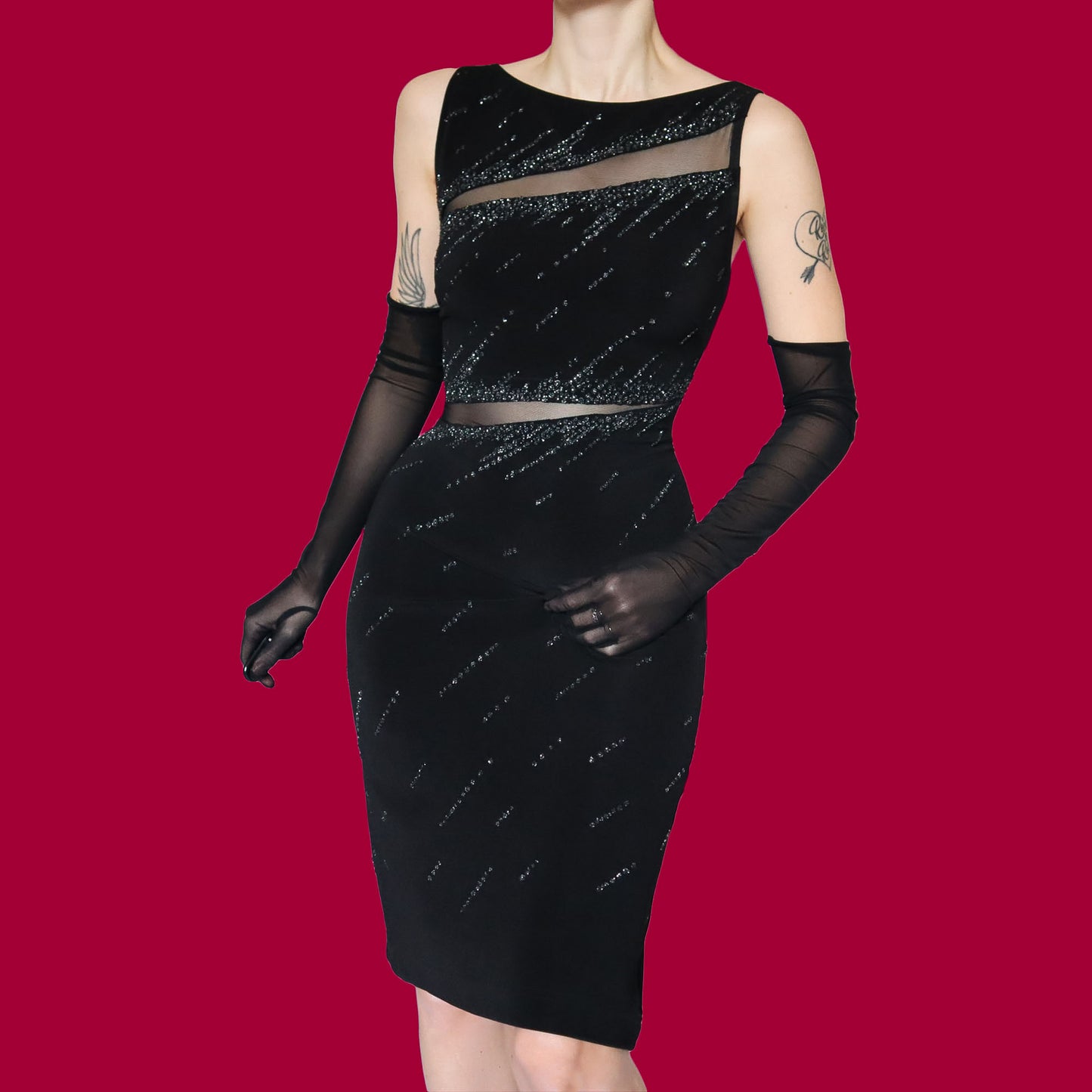 Tadashi Shoji stretch black party mini dress UK 14