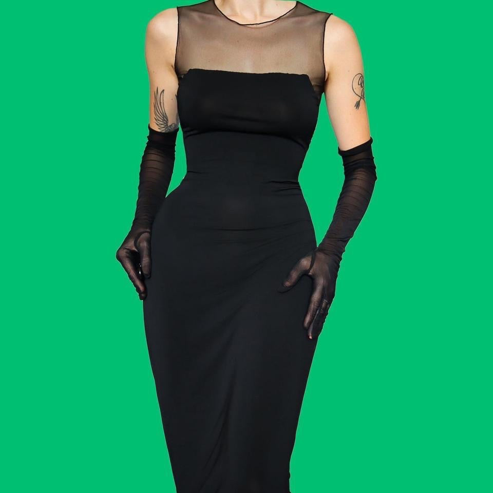 Black stretch sheer bust & waist evening dress UK 10