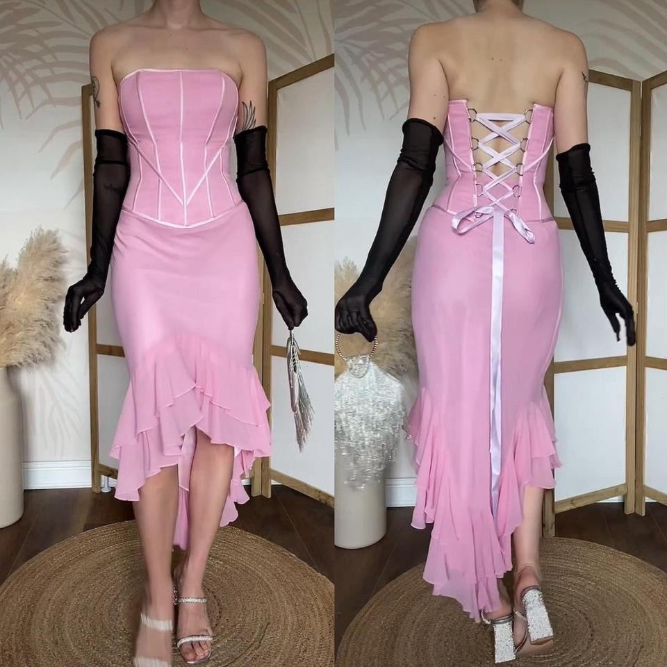 Baby pink silk strapless corset evening dress uk 8
