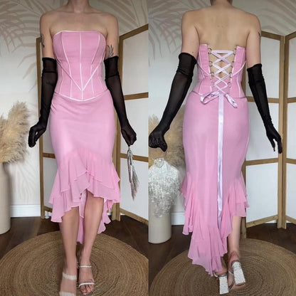 Baby pink silk strapless corset evening dress uk 8