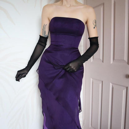 Vintage Niki Livas purple strapless layered gown UK 12