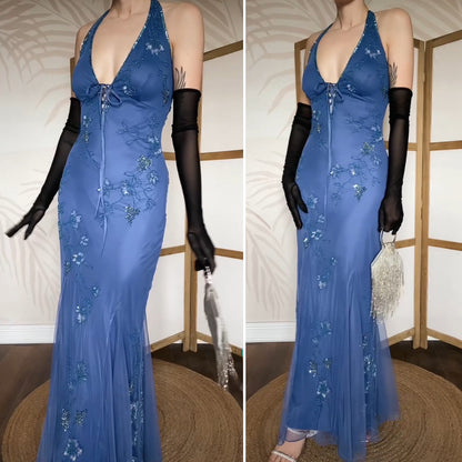 Blue beaded halter neck evening dress uk 12