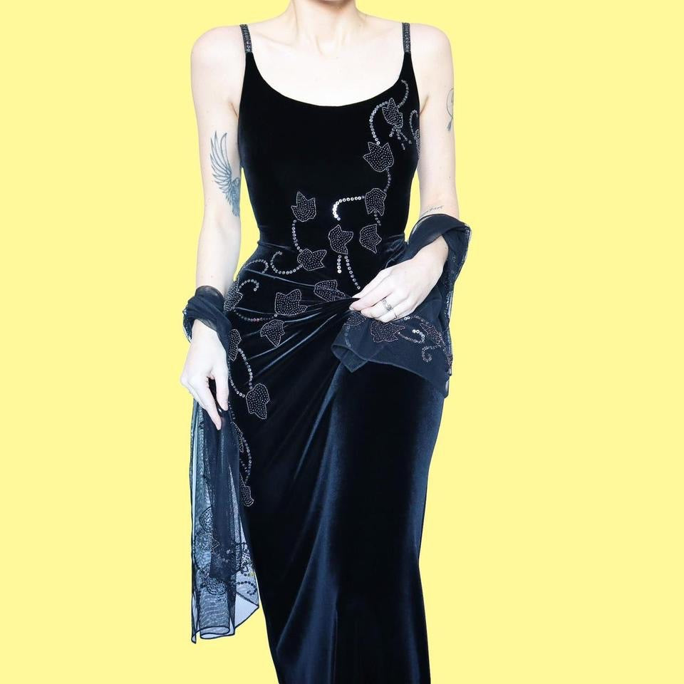Black stretch velvet Dusk beaded dress UK 12