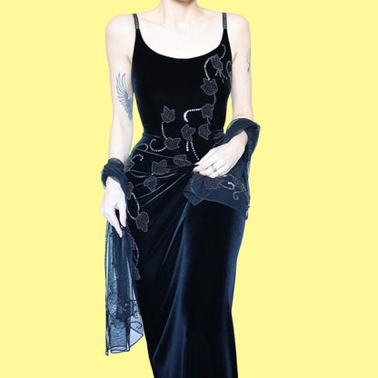 Black stretch velvet Dusk beaded dress UK 12