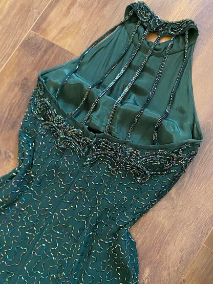 Forest green 100% silk high neck beaded dress uk 10