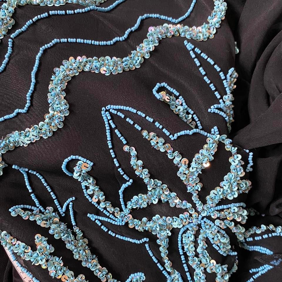 Black evening dress with turquoise beading & shawl UK 12