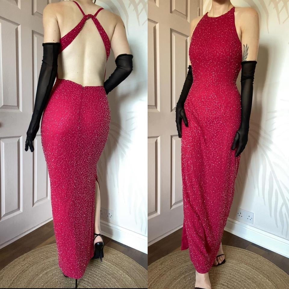 Fuchsia pink beaded open back evening dress UK 10
