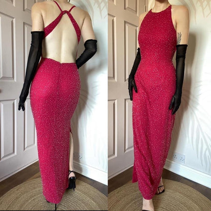 Fuchsia pink beaded open back evening dress UK 10