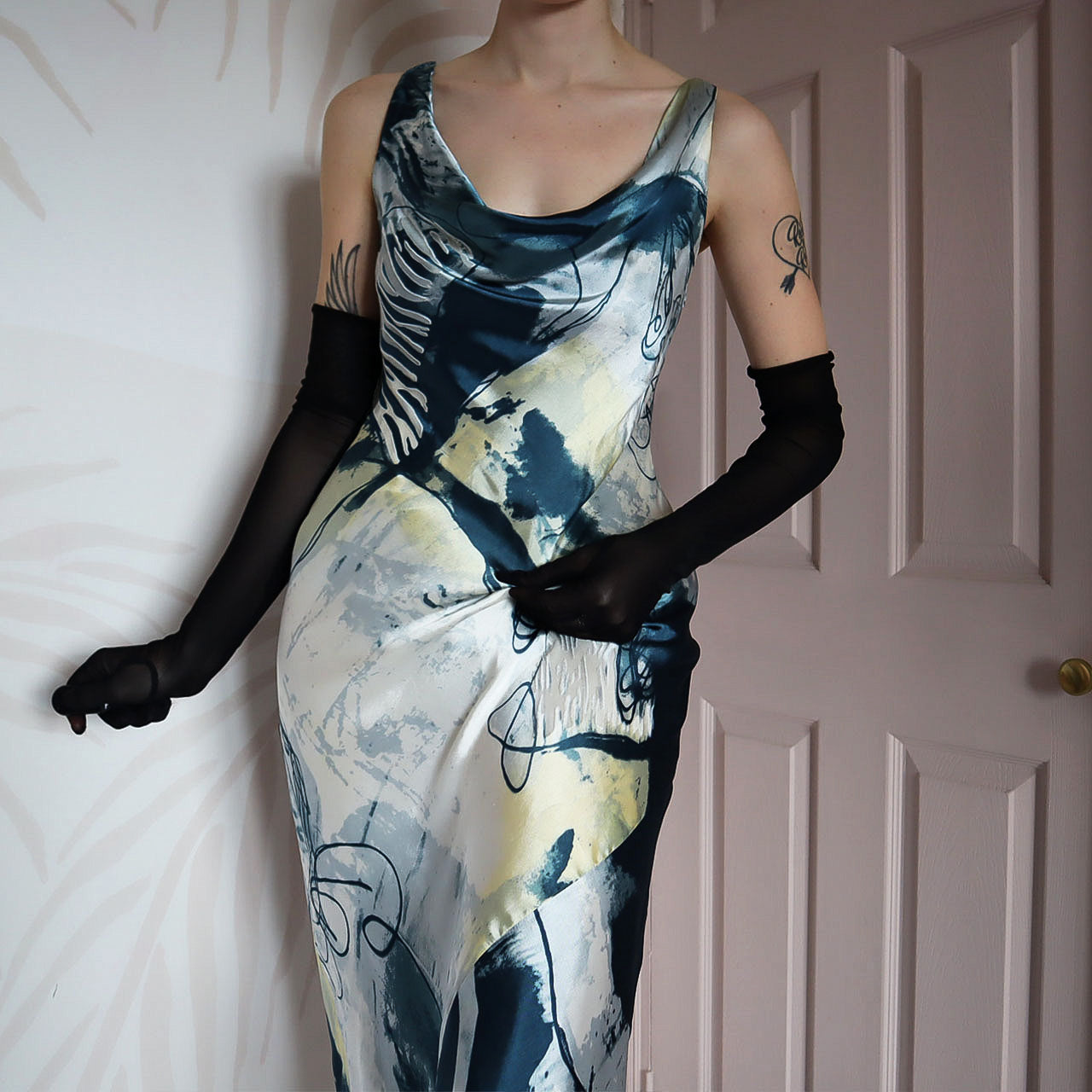 Silk blend print evening slip dress UK 12