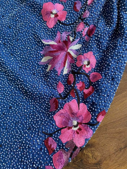 Blue silk beaded floral evening dress UK 12-14