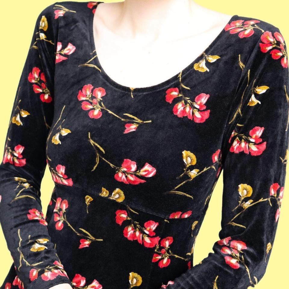 Black Monsoon velvet floral long sleeve dress UK 12