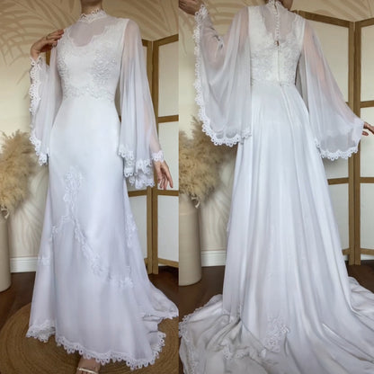 White 70s lace flared sleeve wedding dress uk 10-12