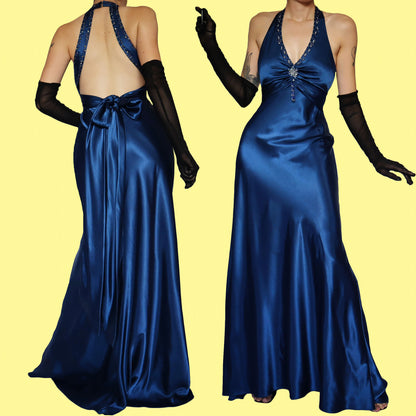 Blue satin evening dress UK 8-10