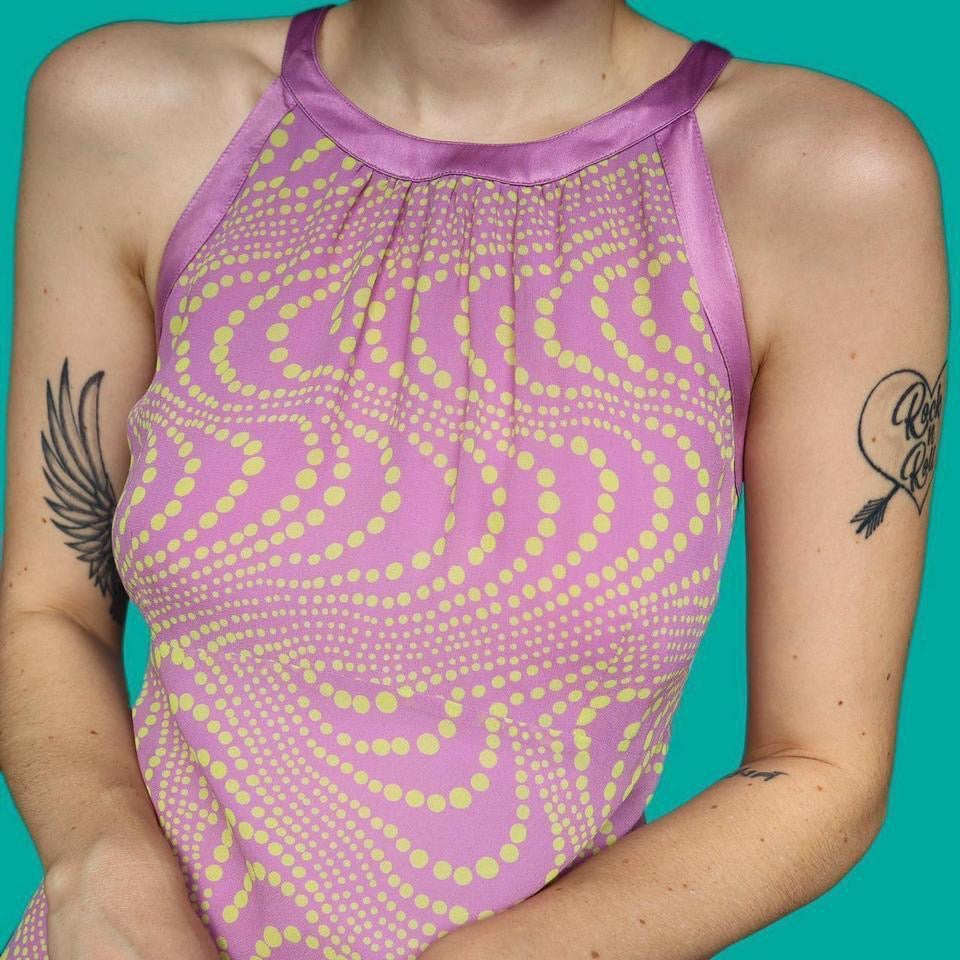 100% silk Planet lilac dotty evening dress UK 16