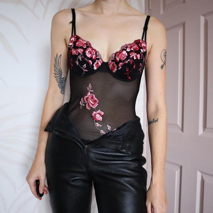 Black sheer floral bodysuit UK 36B
